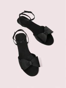 CUCCOO DOLLMOD Women's Black Satin Satin Bow Decor Round Toe Comfortable Summer Slip-On Flat Sandals, Vacation Style