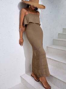 EURMUSE 女式纯色镂空荷叶边下摆修身吊带连衣裙 - 摩卡棕 - 查看 5