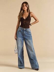 SHEIN BAE 女士黑色性感蕾丝百搭时尚单品紧身胸衣上衣性感背心，适合外出、约会之夜、主题派对和音乐会服装、新年前夜服装、圣诞派对女士紧身衣 - 咖啡棕 - 查看 6