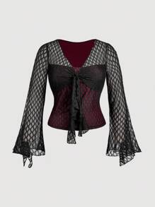 SHEIN MOD Áo thun tay loe buộc dây họa tiết lưới tương phản phong cách Gothic cổ điển Y2K cỡ lớn, cổ điển, bohemian, tối màu, phong cách cung điện, phong cách ma cà rồng, dành cho tiệc Halloween - màu đen - Xem 2