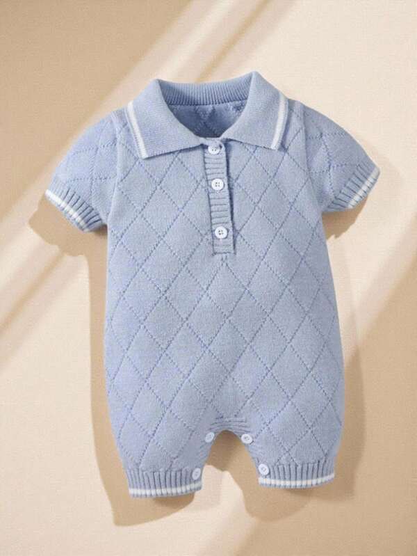 Souflis Souflis Baby Boys Short Sleeve Romper With Collar, Solid Color Casual British Style Fashionable And Adorable, Suitable For Daily Outings In Autumn/Winter, Warm, Blue, Casual, , Versatile, Suitable For Home, Outings, And Vacation Scenarios
