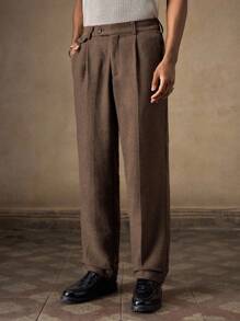 AKNOTIC Business Casual Pantaloni casual da uomo in tessuto lavorato a maglia, gamba dritta e ampia, pantaloni con pieghe, pantaloni marroni, pantaloni con gamba ampia, pantaloni con pieghe, pantaloni in vita alta, autunno