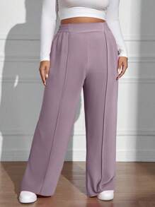 SHEIN EZwear 大码休闲纯色直筒裤 - 淡紫色 - 查看 5