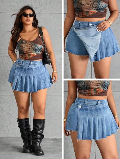 Jeanoix Women Plus Size Denim Casual Shorts With Pleated Skirt