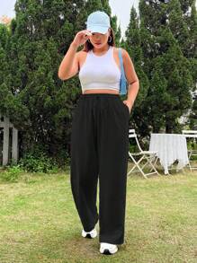 SHEIN EZwear 大码女式纯色抽绳腰宽松阔腿休闲裤 - 黑色 - 查看 4