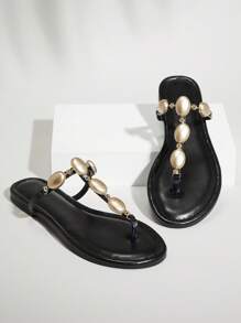 SHUZIA 女士时尚休闲舒适 Thone 平底凉鞋，带宝石装饰 - 朋克时尚、前卫 & - 黑色 - 查看 2