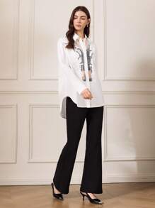 Briarwyn 女士优雅材质拼接透明提花立领衬衫女衬衫，长袖上衣女式贴花做旧透明长袖衬衫，春秋季，优雅通勤女士白色天丝花卉蕾丝拼接衬衫，商务休闲，老款服装 - 白色 - 查看 4