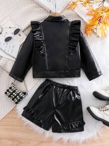 Young Girls Outerwear Co-Ords 2 Pieces Girls Black Faux Leather Jacket And Ruffle Shorts Set, Stylish Spring Summer Suit Girls Black Faux Leather Suit Set, Ruffle Lapel Jacket And Shorts For Party, School, Performance Black 2 Pieces Set Black Outfit Black Outfits For Leather Outfits Ruffle Outfit Black Outfits Black Pu Leather Outfit Girls Black Leather Outfit Set Young Girl Black Leather Shorts Set - Black - View 2