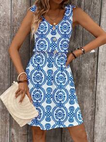 Breezaya 女士全身印花前纽扣松紧腰系腰裹身连衣裙，夏季度假 - 藍白色 - 查看 5