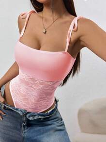 Flirla 时尚修身性感蕾丝拼接系带女式紧身衣 - 粉色 - 查看 3