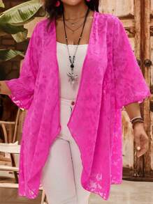 EMERY ROSE Plus Size Vacation Casual Boho Rose Red Cutout Design Kimono Cover Up Fall Country Concert Fall,Fall Clothes For Women - Hot Pink - View 4
