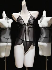 SHEIN 两件套蕾丝对比色网眼蝴蝶结睡袍套装，外出 - 黑色 - 查看 6