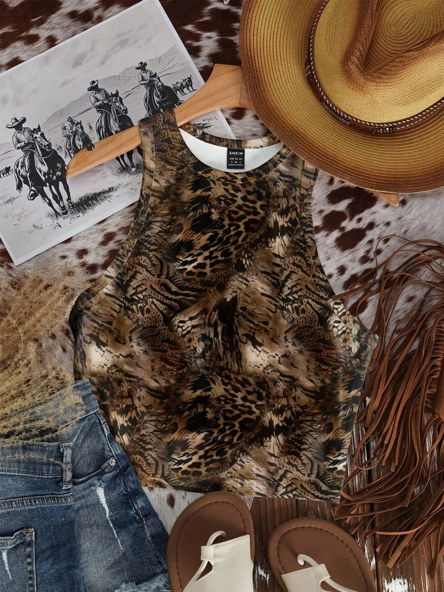 SHEIN EZwear 休闲简约圆领波西米亚风格西部游牧豹纹和奶牛印花图案紧身女式背心，适合夏季、俱乐部适合外出 - 彩色 - 查看 1