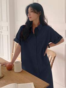 DAZY Vestido-camisa holgado de manga corta de longitud media para mujeres