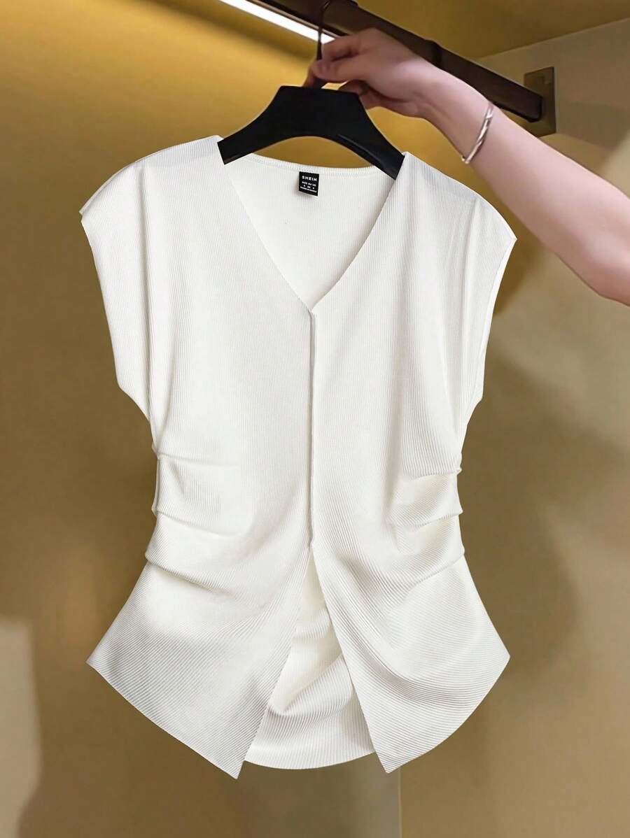 Franclia Elegant Solid Color Wide Shoulder Ruched Waist Tee, Summer - White - View 1