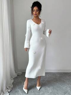 Chiquease Modna i elegancka, ręcznie robiona, kwiatowa, dopasowana sukienka z dekoltem w serek, w całości biała, dzianinowy sweter, odzież na jesień i zimę dla kobiet