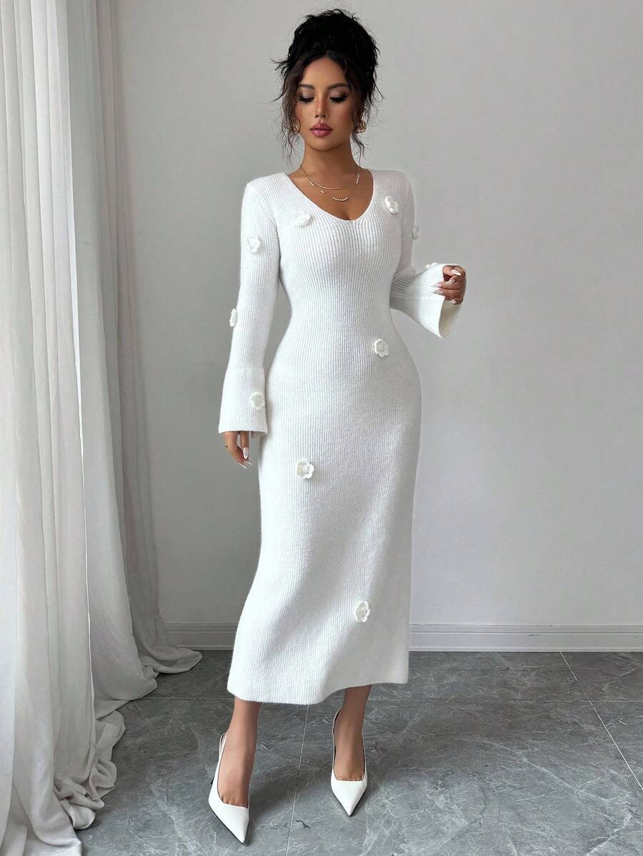 Chiquease 时尚优雅手工印花V领修身针织连衣裙，全白针织毛衣，适合大学校园秋冬季女装