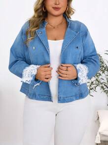 EMERY ROSE Plus Size Casual Vacation Washed Contrast Lace Denim Jacket - Light Wash - View 5