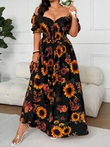 Vionelle 大码女式度假向日葵印花单肩高腰优雅连衣裙 - 黑色 - 查看 3