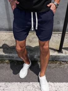 Manfinity Homme 男士休闲纯色仿麻冰丝短裤夏季男短裤男夏季短裤男休闲短裤男抽绳短裤 - 藏蓝色 - 查看 3