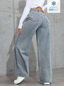 SHEIN ICON 休闲宽松高腰直筒牛仔裤 - 藍色 - 查看 2