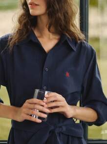 Briarwyn 女士休闲字母刺绣腰带中长衬衫裙，春秋装，秋季服装，返校服装，复古风格女装，女士教师装，返校节礼服 - 藏蓝色 - 查看 5