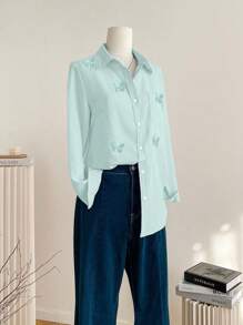 Franclia 3D刺绣蝴蝶长袖衬衫，春季韩版宽松休闲校园时尚上衣，适合大学女生春季秋季服装