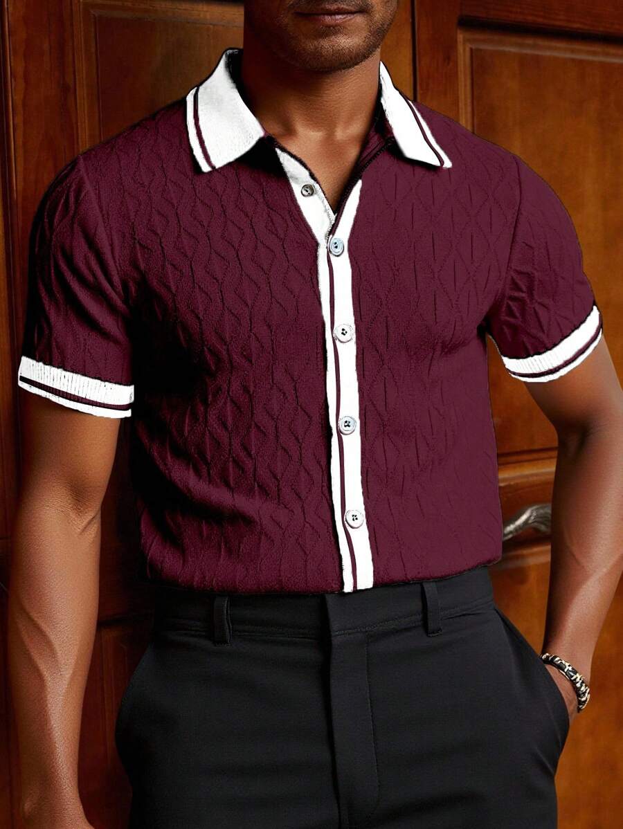 Manfinity Homme Men's Contrast Color Patchwork Short Sleeve Knit Top - Burgundy - View 1