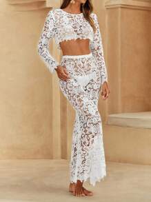 Swim Chiccia 女式波西米亚风蕾丝边罩衫和裙子两件套，长袖，优雅休闲，适合春夏海滩度假派对，象牙色，全白派对装 - 白色 - 查看 3