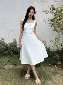 SHEIN Teen Girl Casual Minimalist Comfortable Sleeveless Elegant A-Line Cinched Waist Sundress - White - View 4