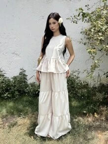 SHEIN 青少年女孩优雅通勤休闲米色套装，背部蝴蝶结设计 - 杏色 - 查看 3