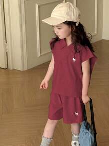 Dazy Kids 2件套女童POLO领针织图案刺绣短袖T恤+针织短裤套装，夏季 - 酒紅色 - 查看 3