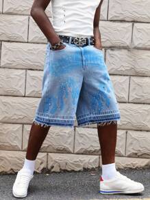 ROMWE MEN Street Life Pantalones cortos vaqueros de hombre con decoración de rhinestones e impresión, aptos para primavera/verano - Azul - Ver 1