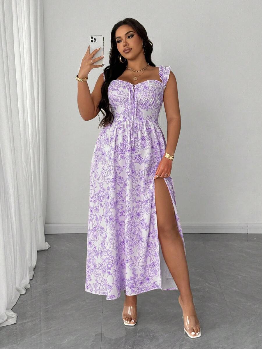 Maweii Plus Size Floral Printed Long Dress With Ruffle Hem And Side Slit, Summer Women Apparel