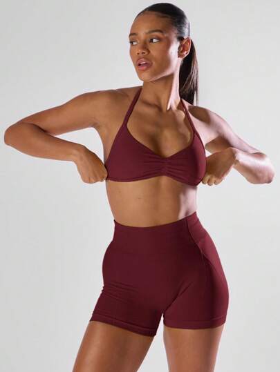 Ra Sport Solid Ruched Bust Open Back Halter Sports Bra, Active Comfy Workout Gym Running Run Club Padel, Tennis, Pickleball Fitness Fall