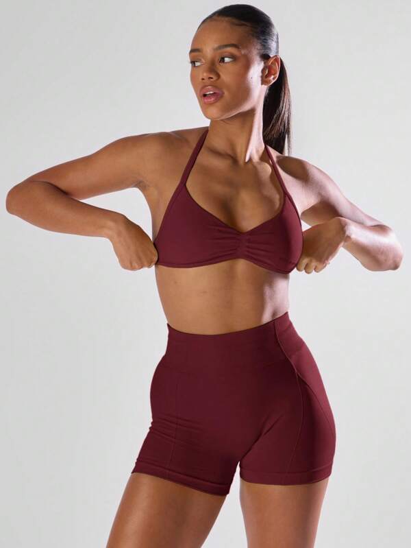 Musera Sport Solid Ruched Bust Open Back Halter Sports Bra , Active Comfy Workout Gym Running Run Clubpadel, Tennis, Pickleball Gym