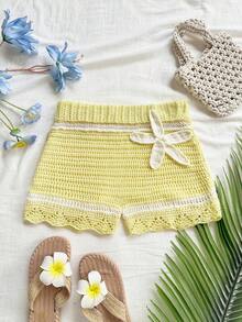 Soleia Quần short thường ngày dệt kim họa tiết hoa 3D dành cho nữ, màu be, mùa hè, ngày lễ - Màu Mù tạt vàng - Xem 4