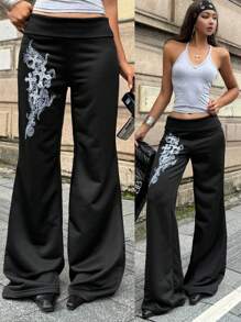 Coolane Women's Summer Festival Renaissance Fair Streetwear Vintage Y2K Grunge Graphics Stretchy Turn-Down Trousers Black Flare Leg Sweatpants