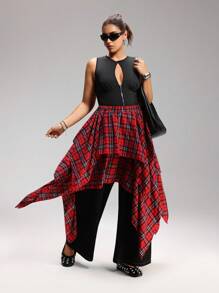 LYSMO 红黑格子松紧腰不对称下摆休闲大码女式中长裙 - 紅色 - 查看 5