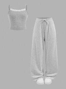 青少年女孩休闲家居服合身蕾丝花边吊带背心和阔腿条纹针织裤套装，麻灰色 - 淺灰色 - 查看 5