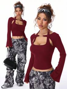 SHEIN EZwear 女士秋冬Y2K罗纹针织二合一喇叭长袖上衣镂空长袖露脐上衣，红色上衣 - 酒紅色 - 查看 6