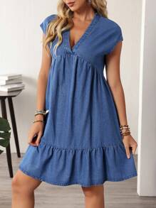 EMERY ROSE Women's Casual Loose Daily Ruffled Hem V-Neck Denim Dress - Blue - View 7