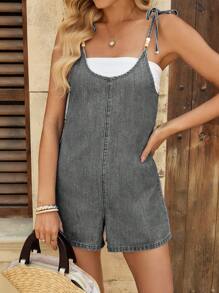 EMERY ROSE 女士休闲度假蝴蝶结肩带牛仔连体裤短裤 - 灰色 - 查看 3