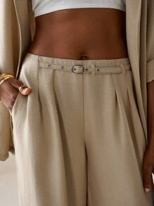 Zivah 2025秋冬新款学院风学生装日常街头基础百搭休闲度假街头风纹理面料皱布西装外套长款上衣和裤子阔腿裤带口袋腰带装饰长裤两件套杏色亚麻西装 - 杏色 - 查看 7