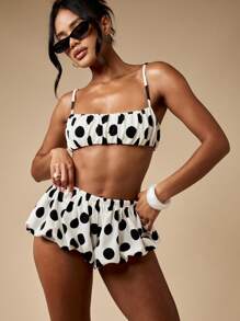 MISSGUIDED 夏季节日两件套波尔卡圆点泡泡下摆弹性抹胸上衣灯笼裤风格短裤度假沙滩装度假服装 - 黑與白 - 查看 3