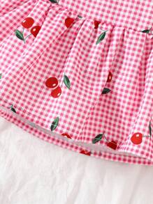 SHEIN Vintaside Kids 2pcs/Set Baby Girl Spring&Summer Vacation Style Cherry&Plaid Printing Slip Top&Shorts
