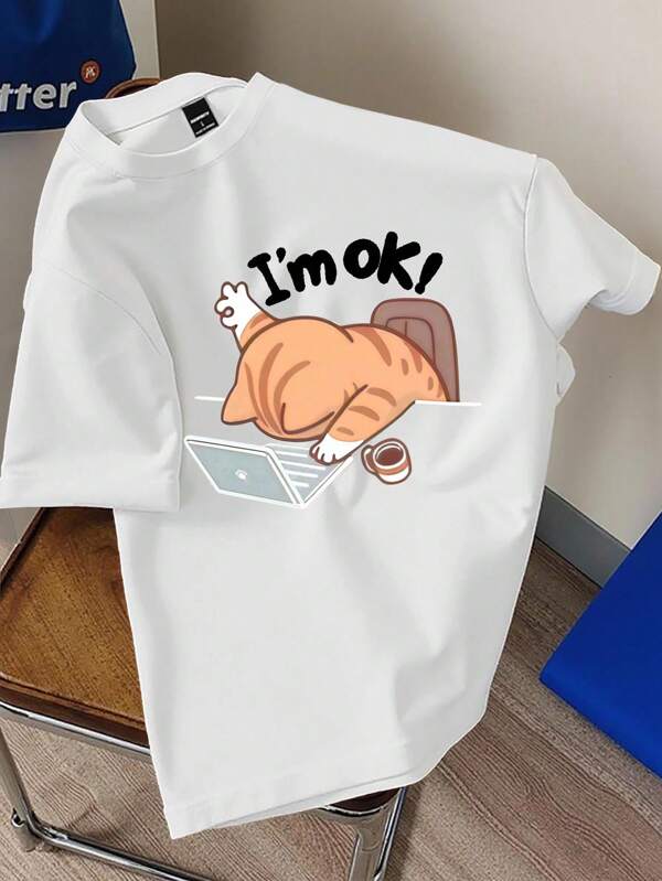 Manfinity Joysei Men's Casual Letter & Cartoon Print Round Neck Short Sleeve T-Shirt Cat Meme T-Shirt
