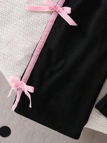 SHEIN 2025年夏季新款女婴黑色针织连体衣，饰有粉色蝴蝶结 - 黑色 - 查看 7