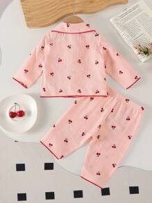 2pcs Baby Girls Cherry Print Long Sleeve Cardigan And Pants Set, Woven Fabric Homewear Baby Pajama Set Fall Winter - Pink - View 2