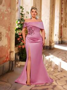 Glamrae 加大码优雅、浪漫、华丽、莲花粉色缎面、奢华亮片贴花设计、单肩、不对称袖子、高开衩、修身、鱼尾下摆、加大拖尾、适合晚宴、单身派对、约会、舞会、度假、返校季、毕业季、婚礼活动、晚礼服（重磅款） - 藕粉色 - 查看 1